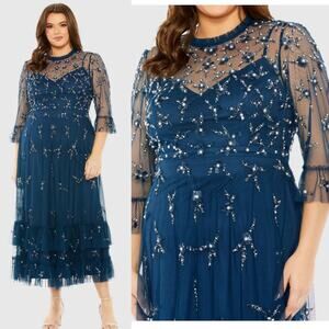Mac Duggal 9263 Navy Ocean Blue Embellished Flutter Sleeve High Neck Gown 16W
